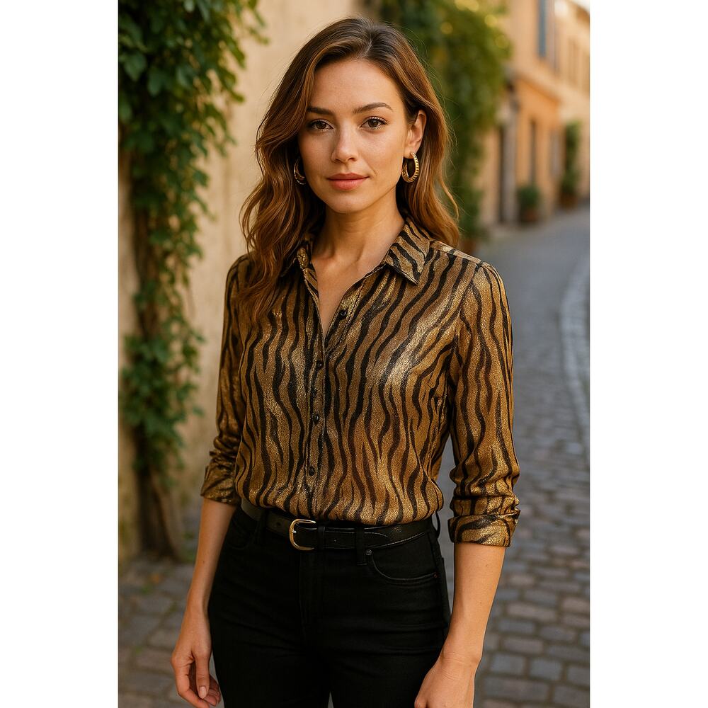 Jaipur Metallic Tiger Stripe Sheer Blouse Small Gold Black Y2K Night Out